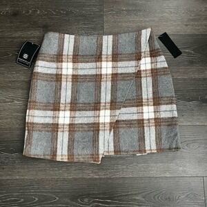 Bagatelle Skirt Womens Large Gray Brown Plaid Faux Wrap Mini Y2K‎ Preppy NWT 90s